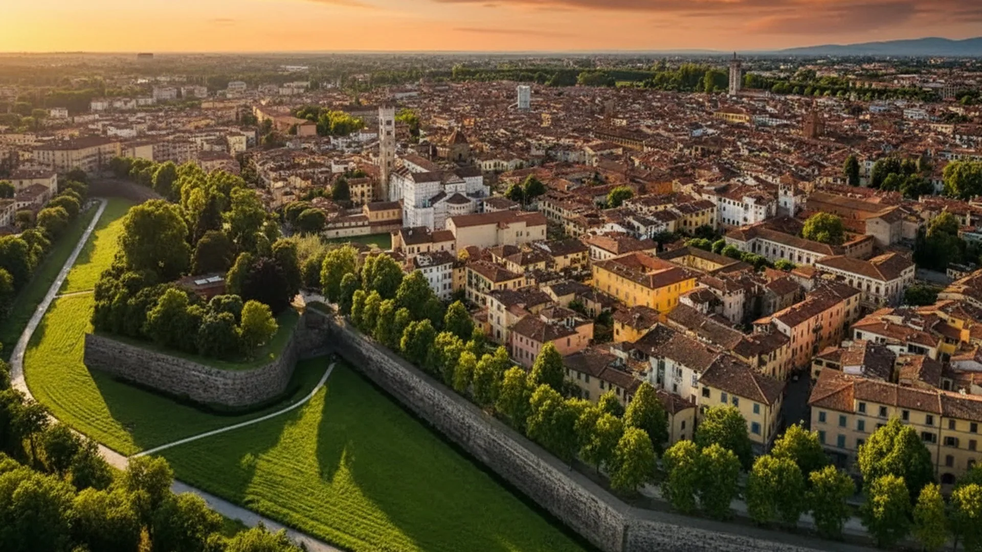 Lucca vista dall'alto, con il centro storico racchiuso dalle mura alberate